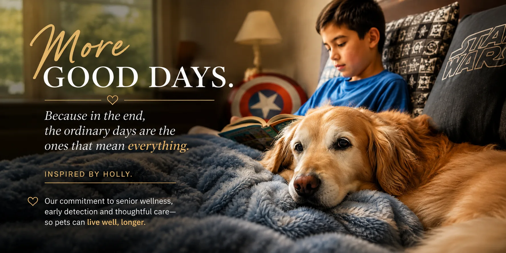 More Good Days — a senior golden retriever resting beside a boy reading; Progressive Veterinary Care's commitment to senior wellness, inspired by Holly