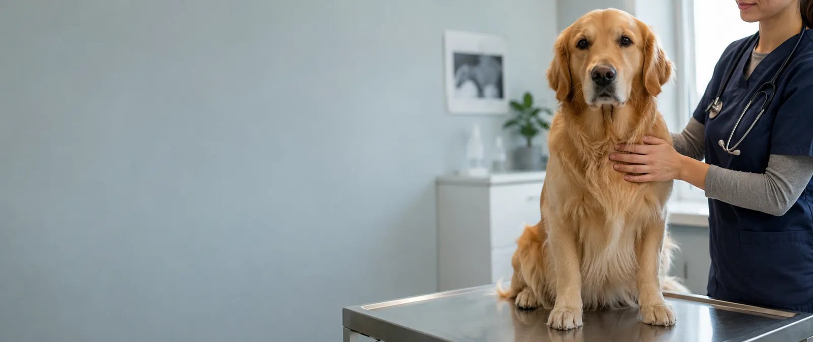 A golden retriever with a veterinary nurse in an exam room
