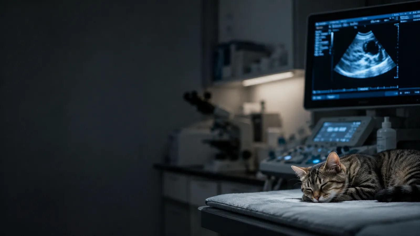 A cat resting beside an ultrasound screen