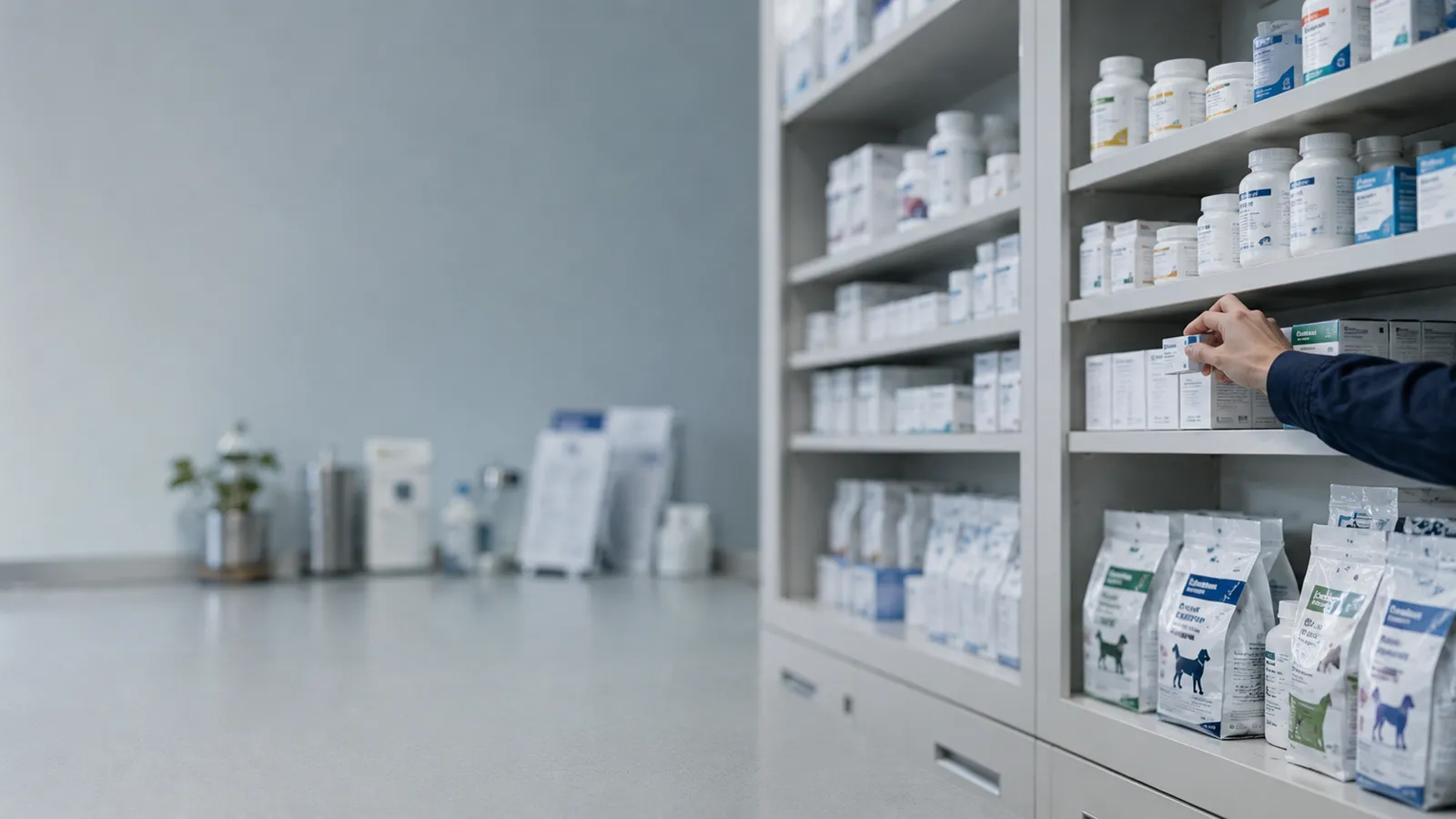Shelves of veterinary medication and prescription diets